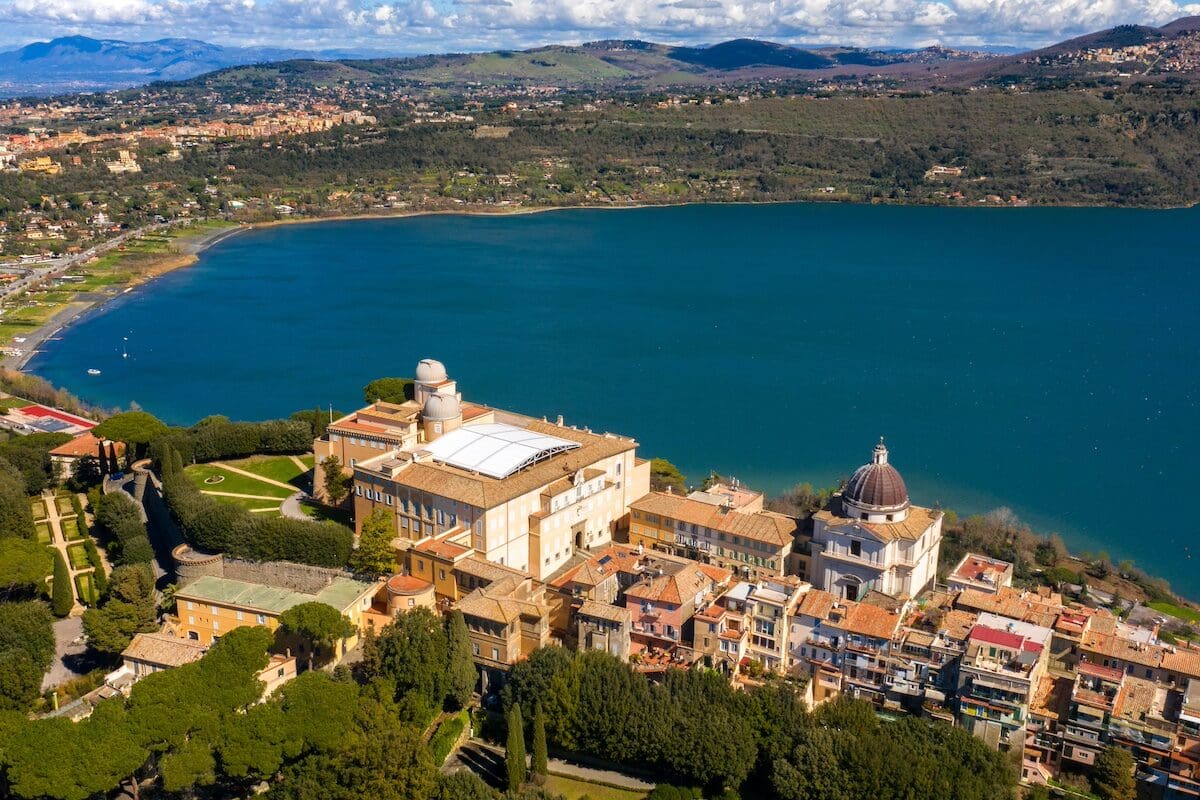 Aerial view of the Papal Palace of Castel Gandolfo, near Rome, Italy. The Apostolic Palace is a complex of buildings served for centuries as a summer residence for the Pope. It overlooks Lake Albano